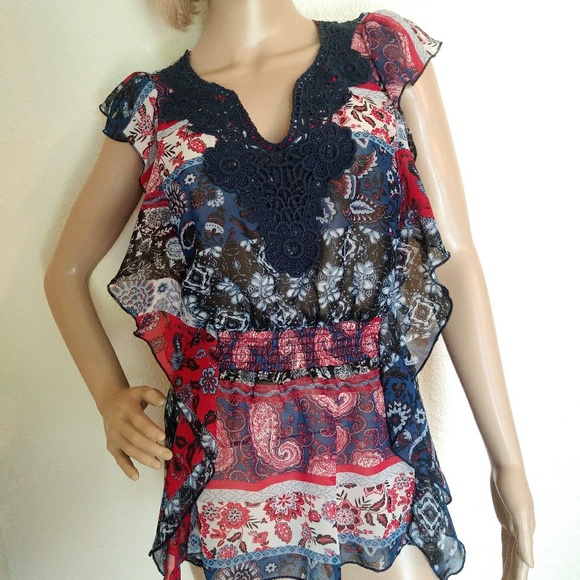 Rue21 Tops - Red White Blue Paisley Floral Crotchet blouse